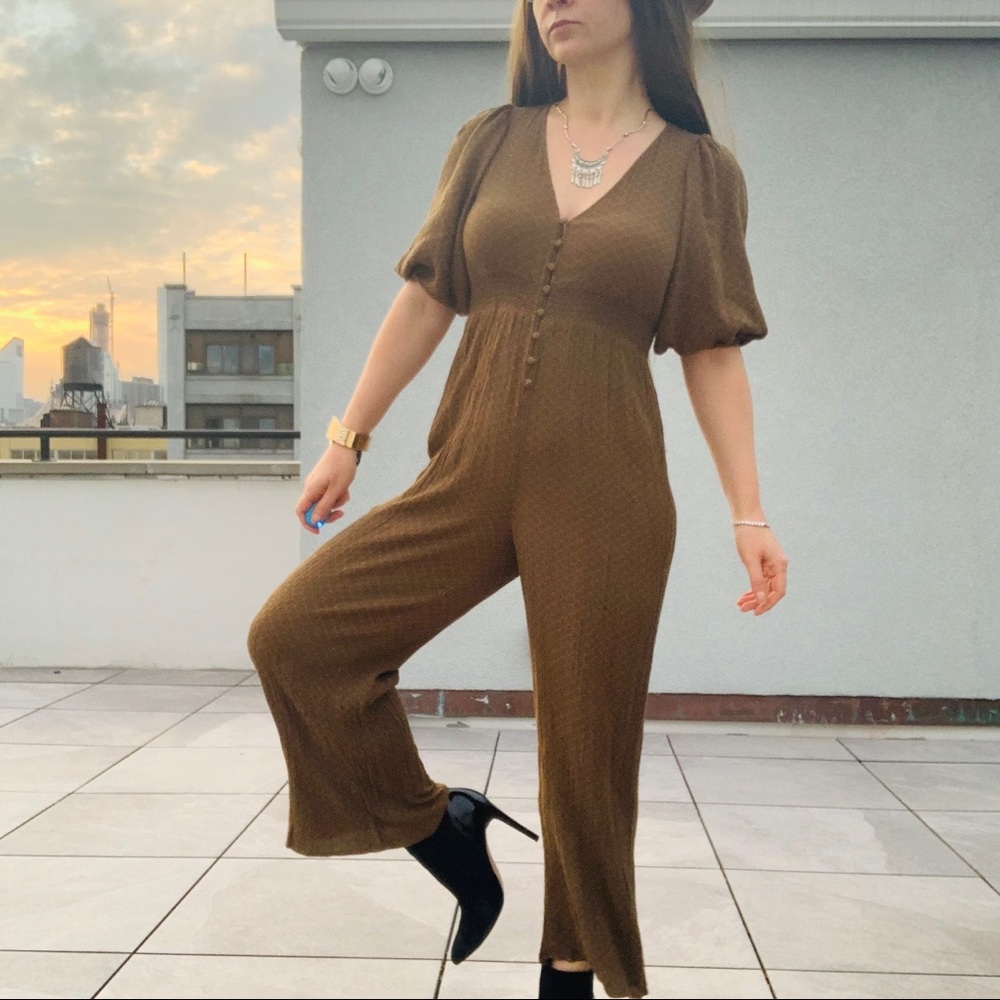 UO Bell Sleeve V-neck Vintage Long Leg Jumpsuit